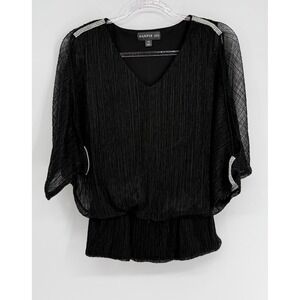 Harper 241 Womens Black Plisse Pleated V-Neck Dolman Rhinestone‎ Blouse Sz PS